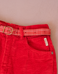 מכנסיים מקורדרוי אדום עם חגורה משובצת מהסבנטיז | 7-8 שנים