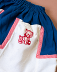 Blue, white and red skirt with cat and straw hat | 2-3 years