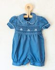 Blue embroidered sailboat romper | French deadstock | 9-12 months