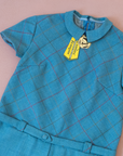 Seventies dress in turquoise with checks | French dead stock | 7-8 years