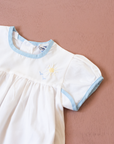 White overalls with train embroidery, birds and sun | 3-6 months