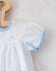 White overalls with train embroidery, birds and sun | 3-6 months