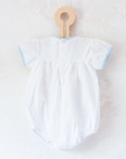 White overalls with train embroidery, birds and sun | 3-6 months