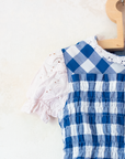 Blue and white checkered dress with white lace | 12-18 months