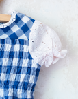 Blue and white checkered dress with white lace | 12-18 months