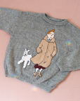 סוודר צמר אפור עם טינטין ומילו | 5-6 שנים