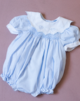 Light blue overalls with collar and hearts | 3-6 months