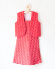 Italian cardigan and sarafan set in red with flowers and hearts | 9-10 years
