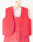 Italian cardigan and sarafan set in red with flowers and hearts | 9-10 years