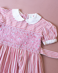 שמלת פסים ורודה עם רקמת כיווצים פרחונית | 6-7 שנים