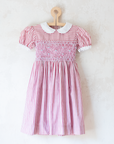שמלת פסים ורודה עם רקמת כיווצים פרחונית | 6-7 שנים