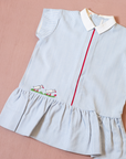 Striped dress with collar and two embroidered white birds | Belgian deadstock from the Sixties | 9-12 months