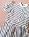 Grey striped dress with rope belt | French deadstock | 8-9 years