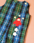 Green and blue plaid jumpsuit with spaceship embroidery | 9-12 months