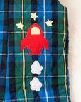 Green and blue plaid jumpsuit with spaceship embroidery | 9-12 months