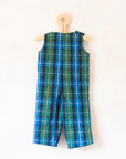 Green and blue plaid jumpsuit with spaceship embroidery | 9-12 months