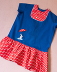 Blue and red dress with dots and embroidered rabbit | French deadstock from the 1960s | 18-24 months