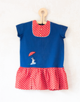Blue and red dress with dots and embroidered rabbit | French deadstock from the 1960s | 18-24 months