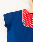 Blue and red dress with dots and embroidered rabbit | French deadstock from the 1960s | 18-24 months