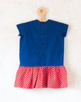 Blue and red dress with dots and embroidered rabbit | French deadstock from the 1960s | 18-24 months