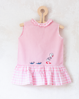 Pink dress with plaid and duck and snail embroidery | 9-12 months