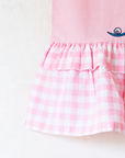 Pink dress with plaid and duck and snail embroidery | 9-12 months