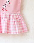 Pink dress with plaid and duck and snail embroidery | 9-12 months