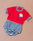 רומפר אדום מבד מגבת עם פסים וסירת מפרש | דד סטוק ספרדי | 6-9 חודשים