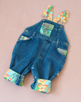 Denim overalls with colorful patches | 9-12 months