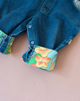 Denim overalls with colorful patches | 9-12 months