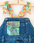 Denim overalls with colorful patches | 9-12 months