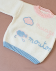 White sweater in French with cloud and sheep | 3-6 months