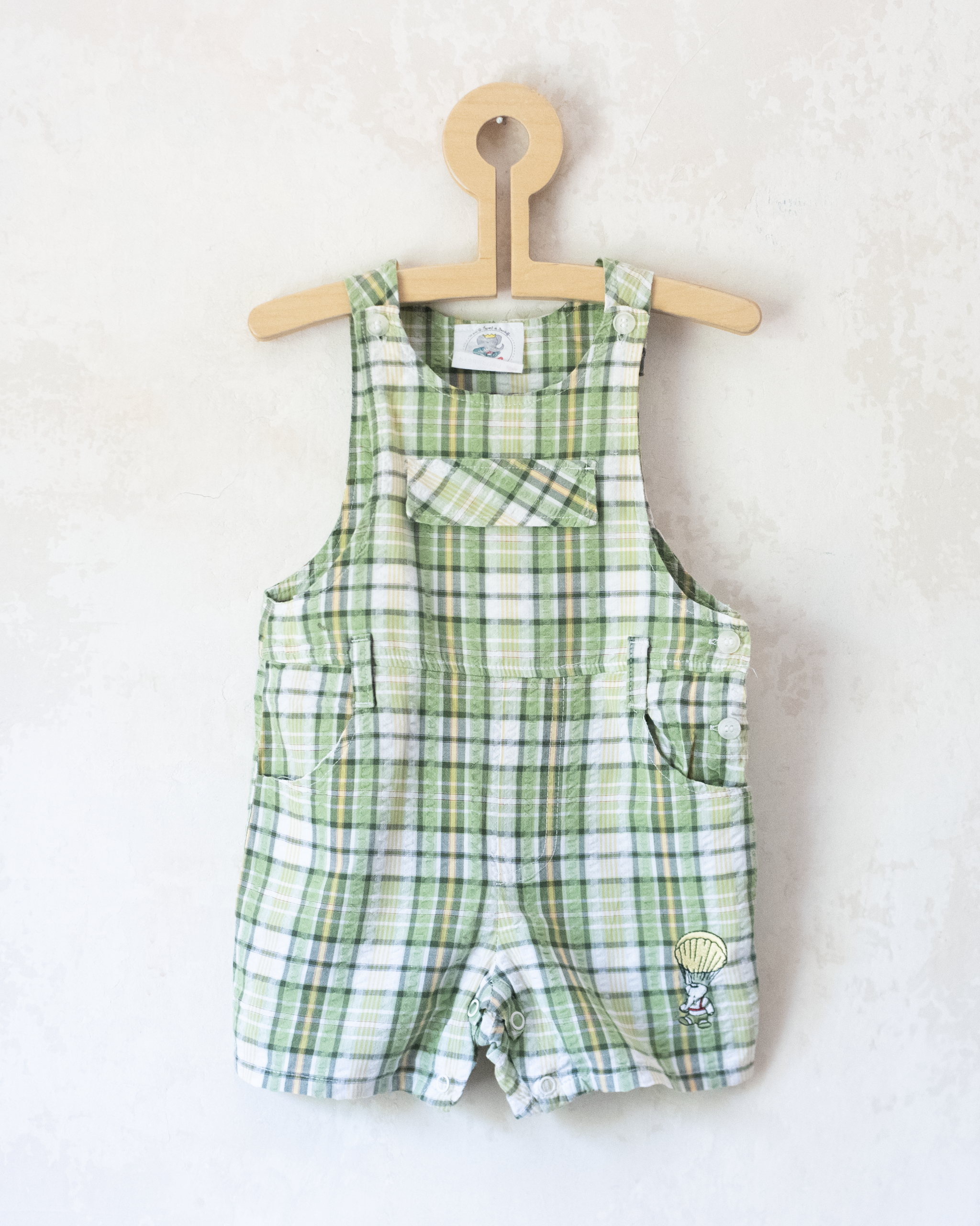 Green checkered overall with a Babar the Elephant embroidery in a parachute | 18-24 months