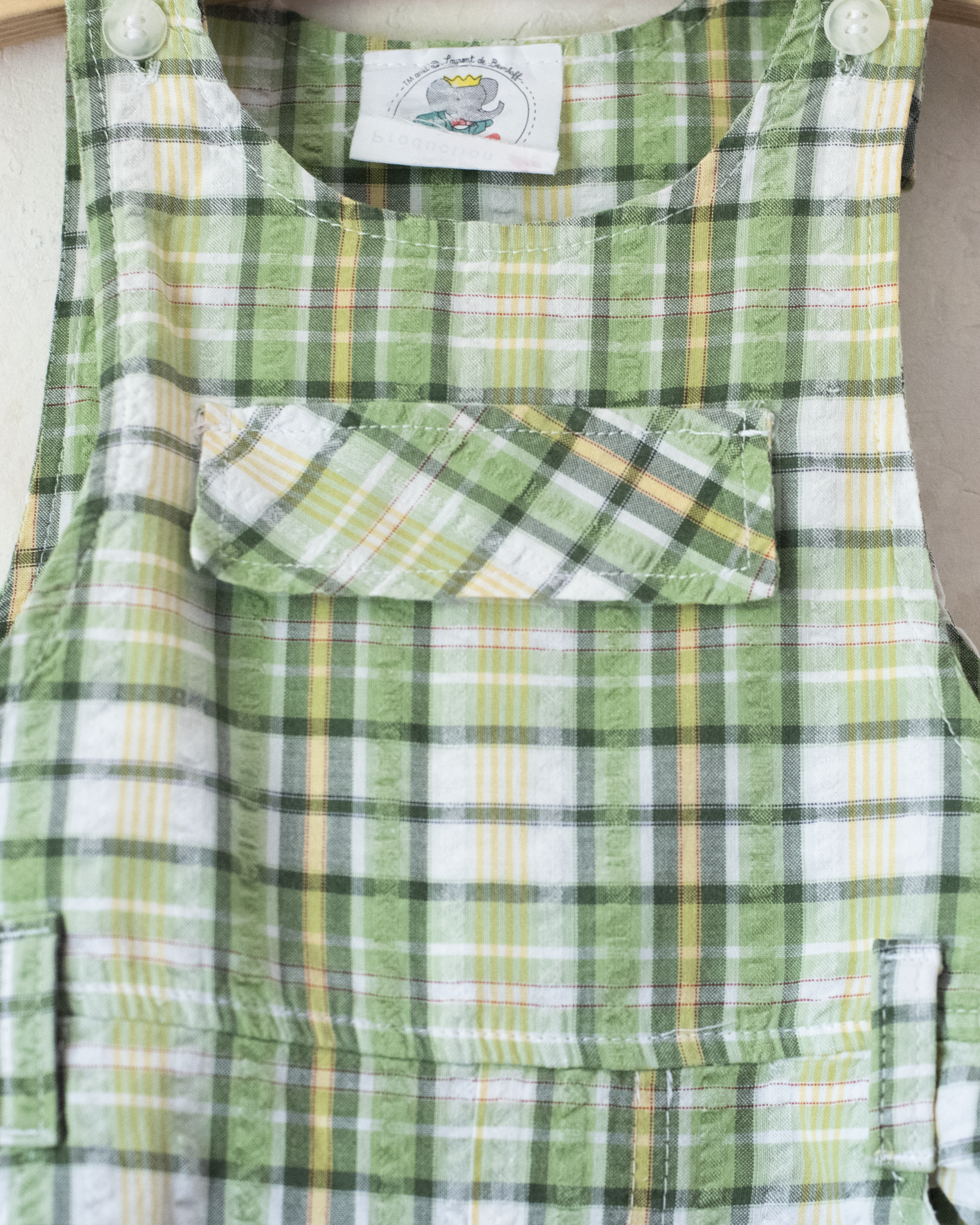 Green checkered overall with a Babar the Elephant embroidery in a parachute | 18-24 months