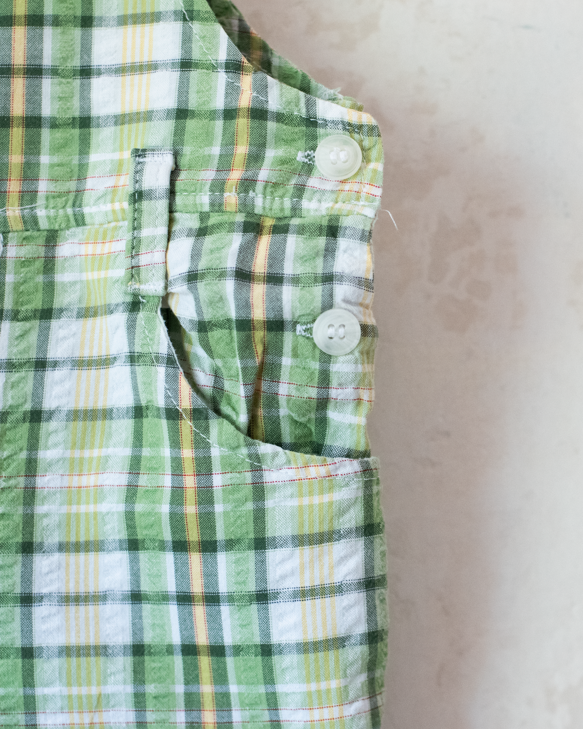 Green checkered overall with a Babar the Elephant embroidery in a parachute | 18-24 months