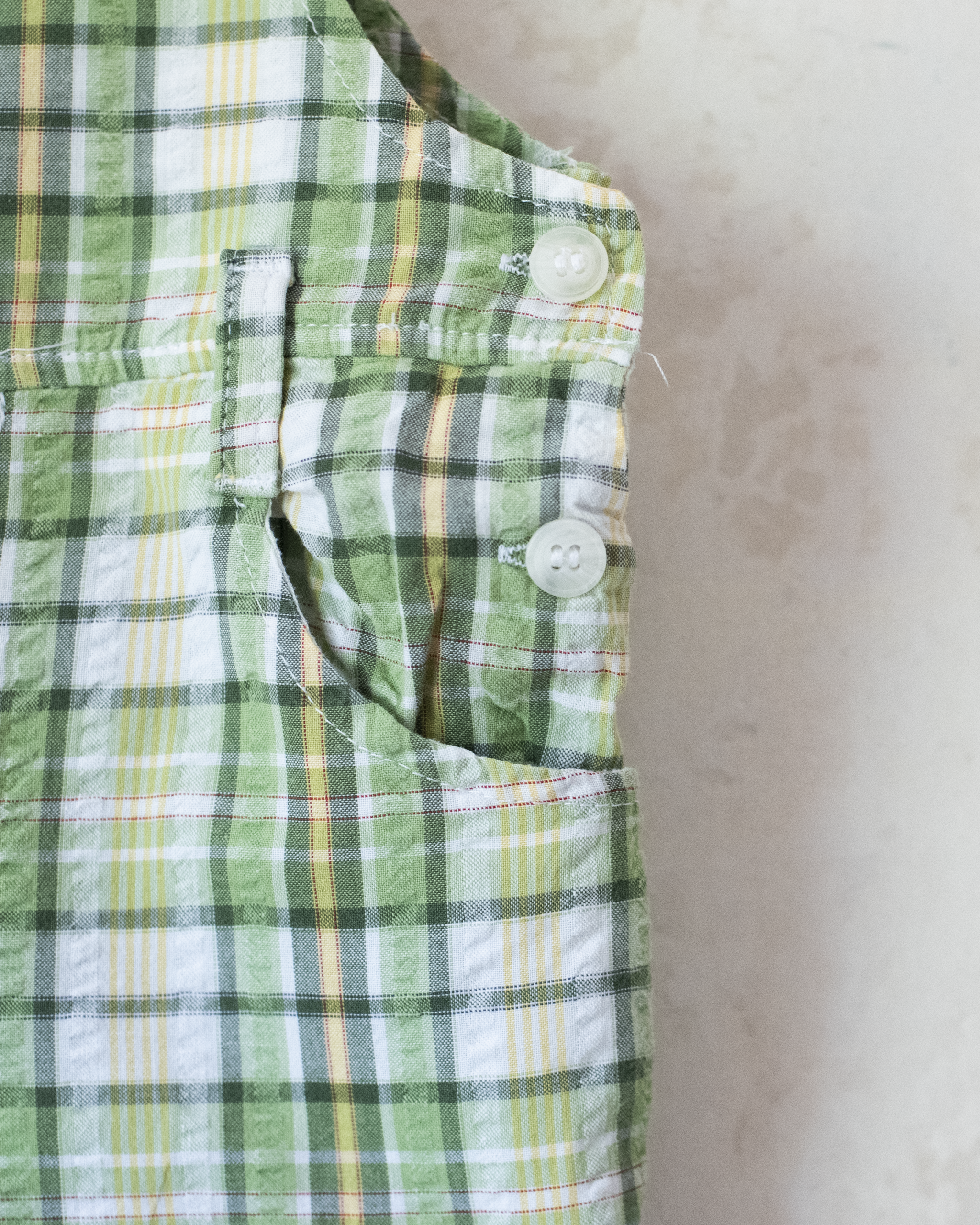Green checkered overall with a Babar the Elephant embroidery in a parachute | 18-24 months