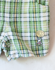 Green checkered overall with a Babar the Elephant embroidery in a parachute | 18-24 months