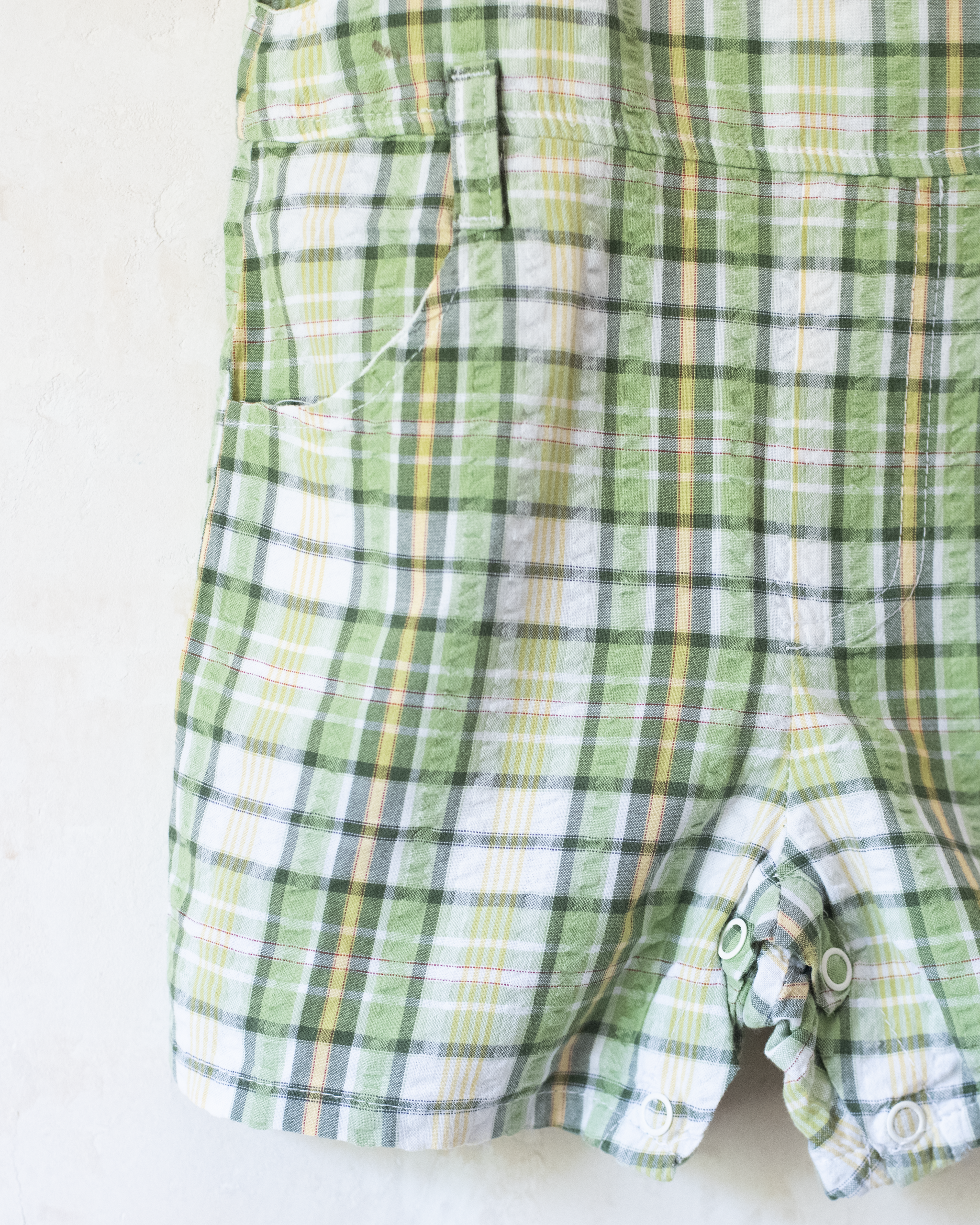 Green checkered overall with a Babar the Elephant embroidery in a parachute | 18-24 months