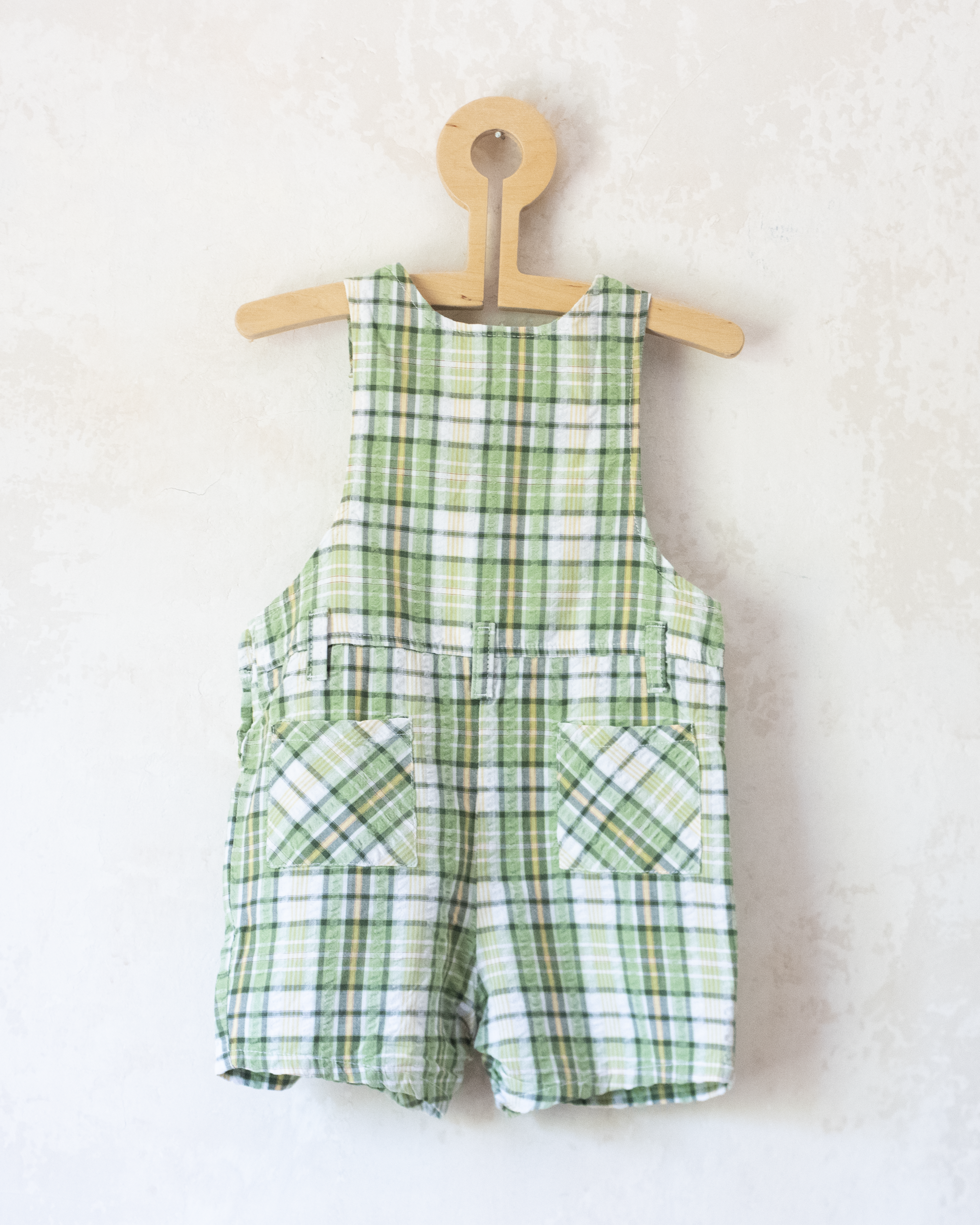 Green checkered overall with a Babar the Elephant embroidery in a parachute | 18-24 months