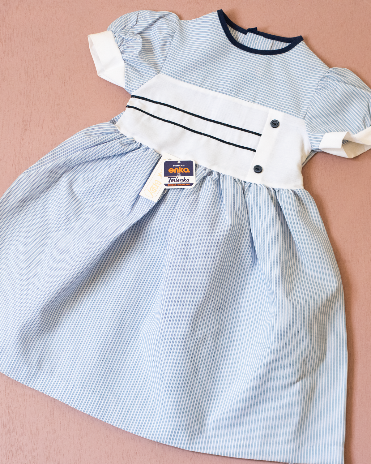 Light blue and white striped dress with buttons | Spanish dead stock | 2-3 years