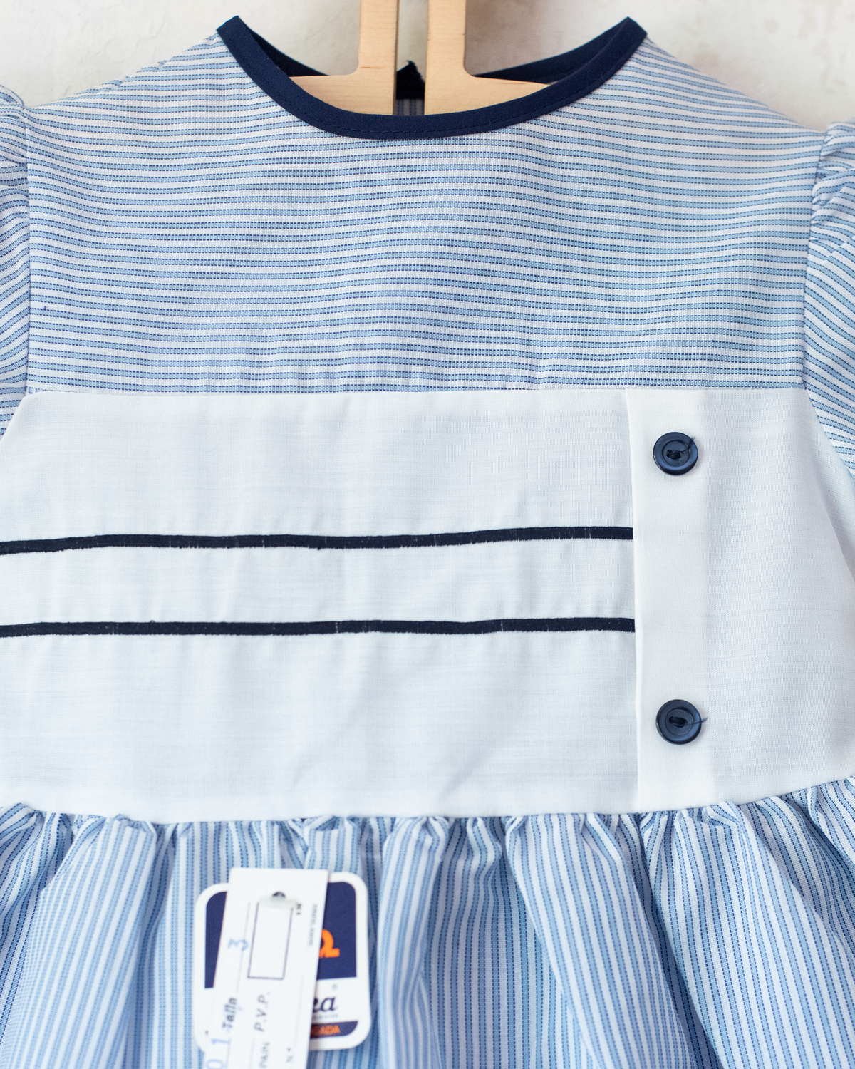 Light blue and white striped dress with buttons | Spanish dead stock | 2-3 years