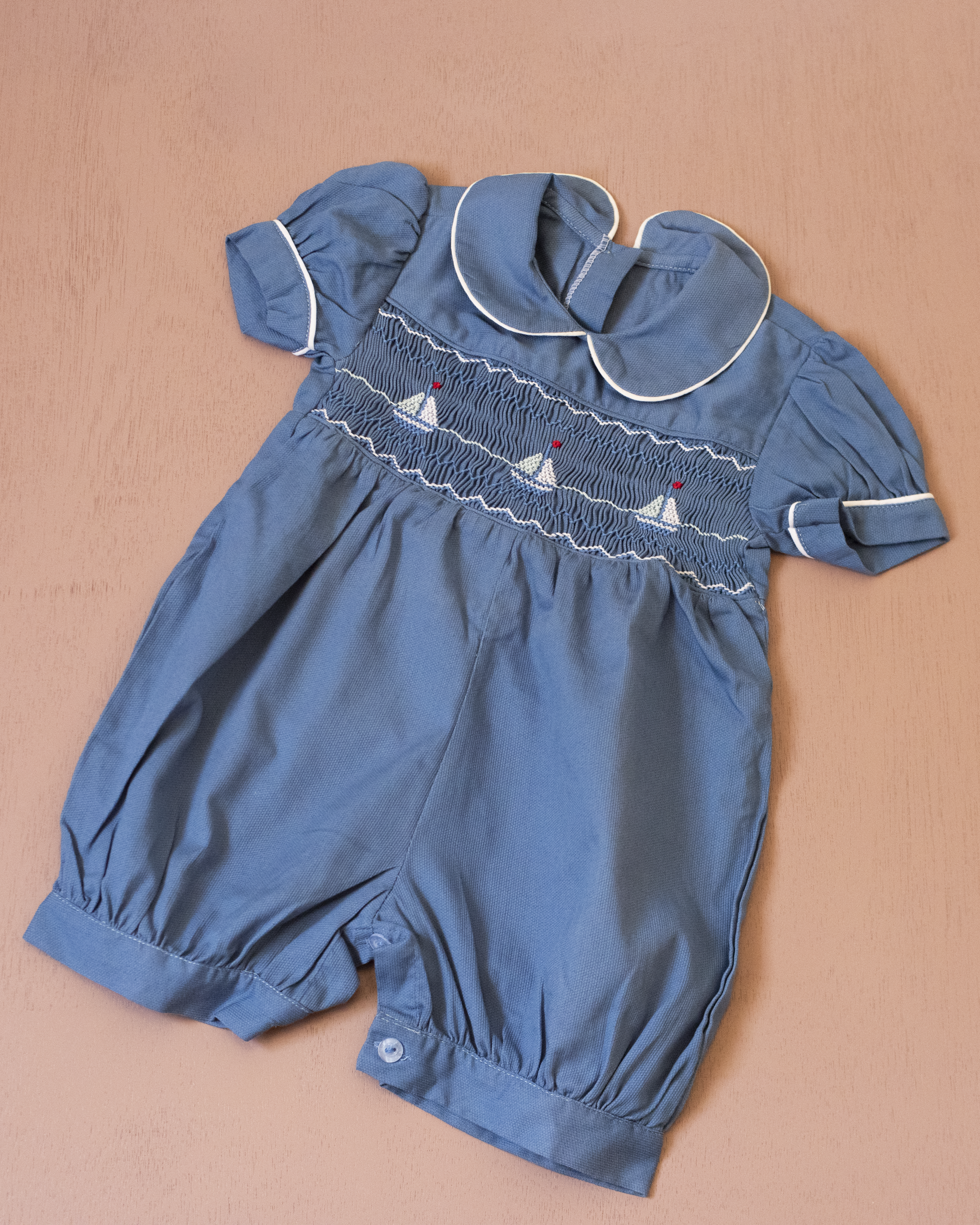 Blue embroidered sailboat romper | French deadstock | 9-12 months