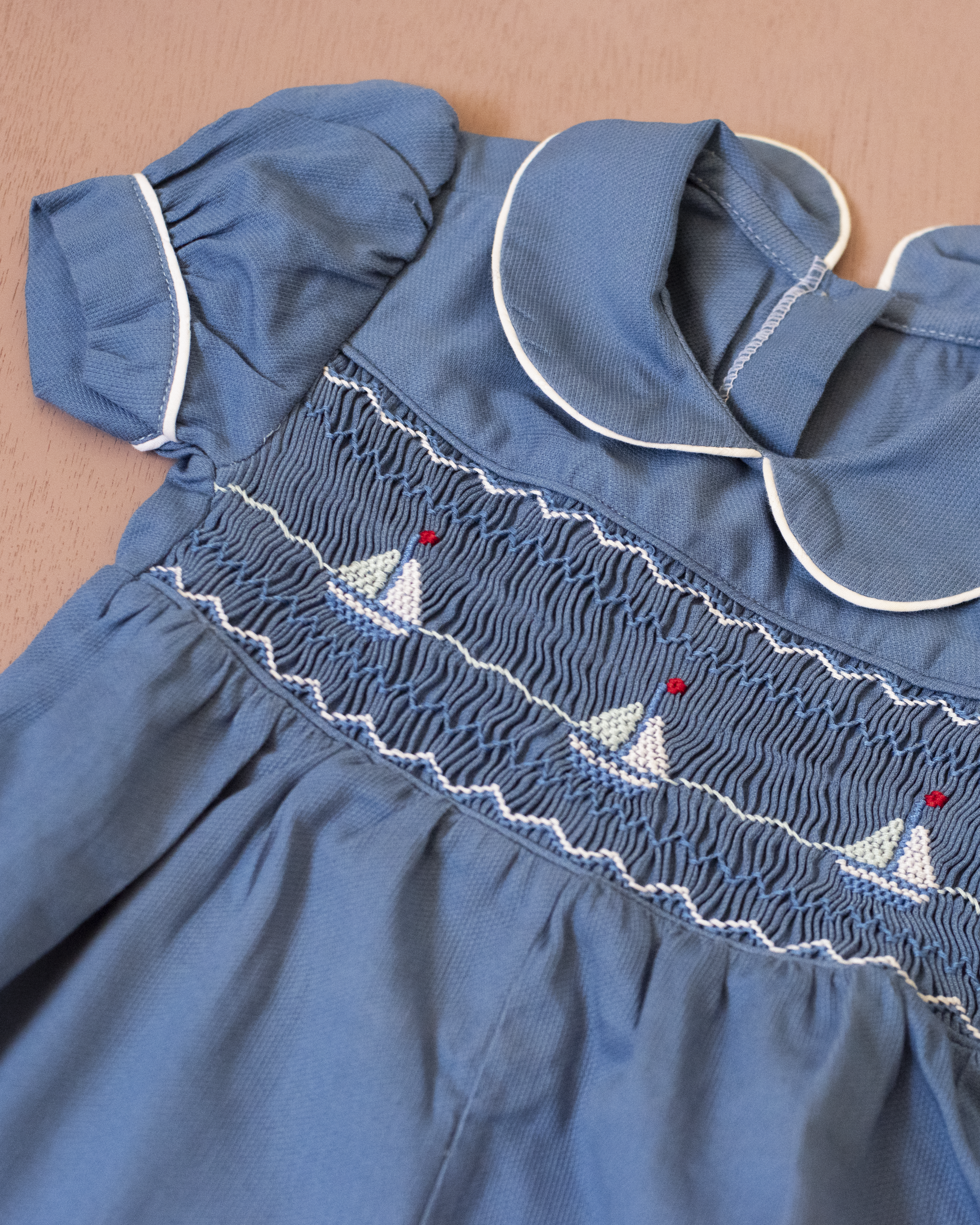 Blue embroidered sailboat romper | French deadstock | 9-12 months