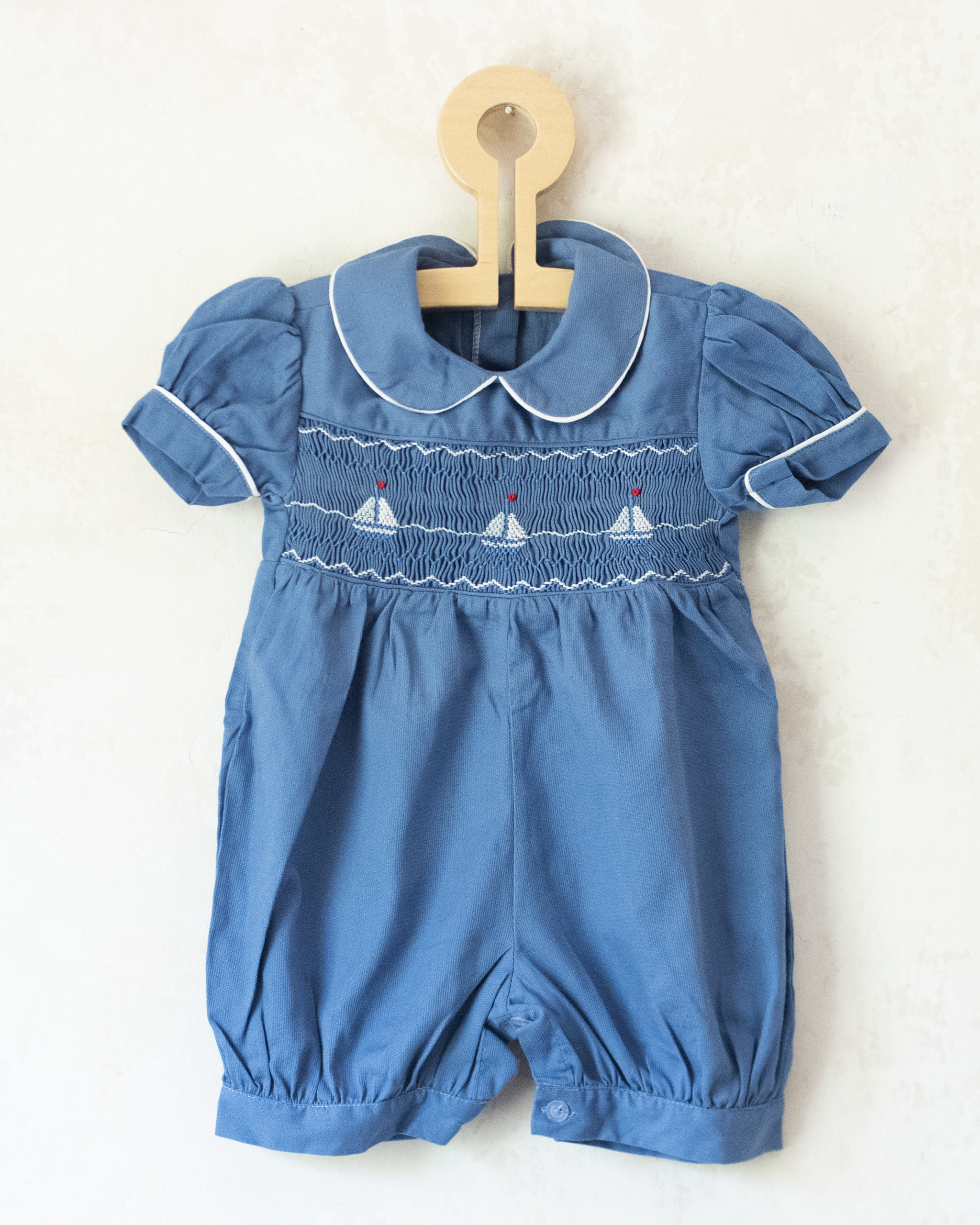 Blue embroidered sailboat romper | French deadstock | 9-12 months