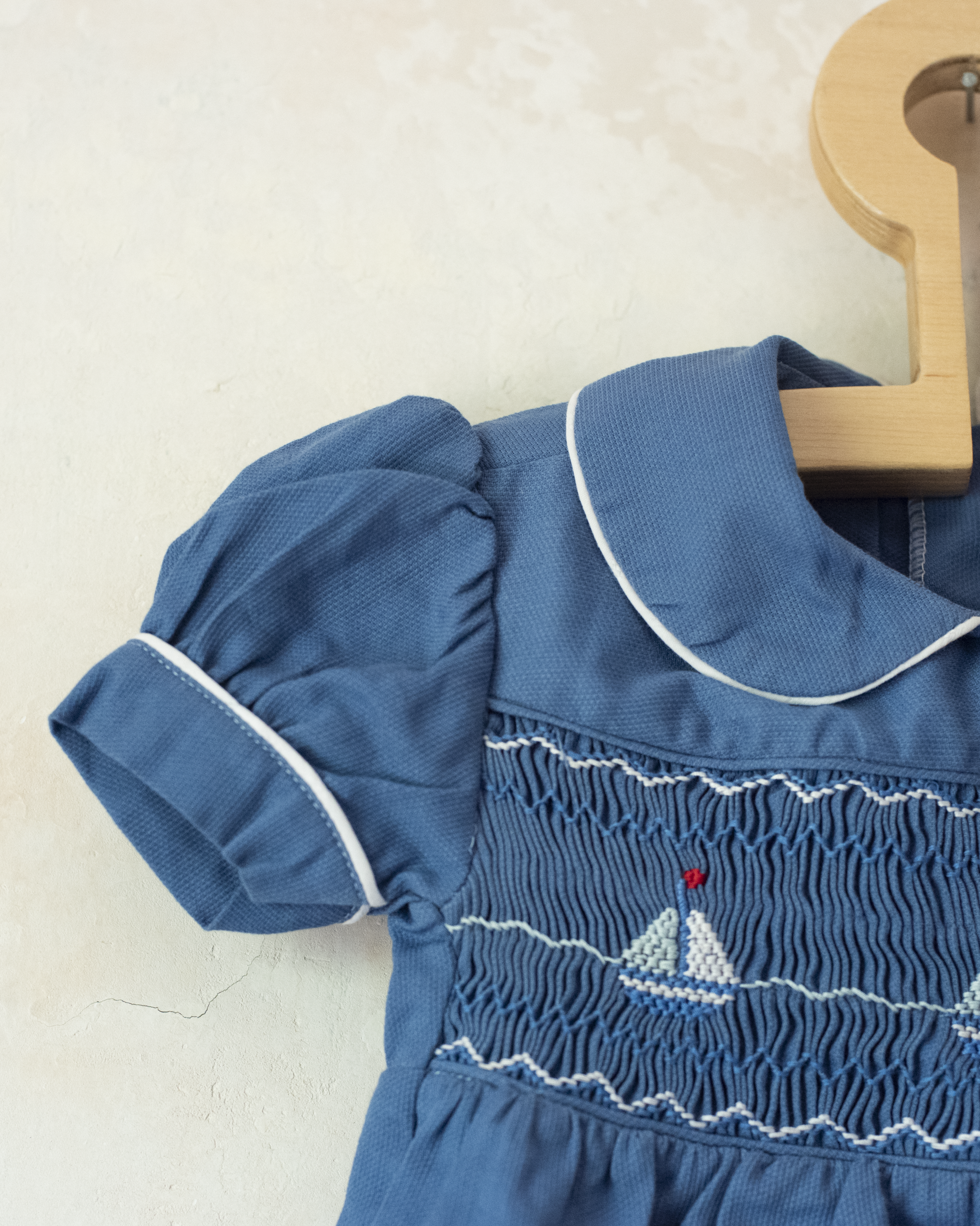 Blue embroidered sailboat romper | French deadstock | 9-12 months