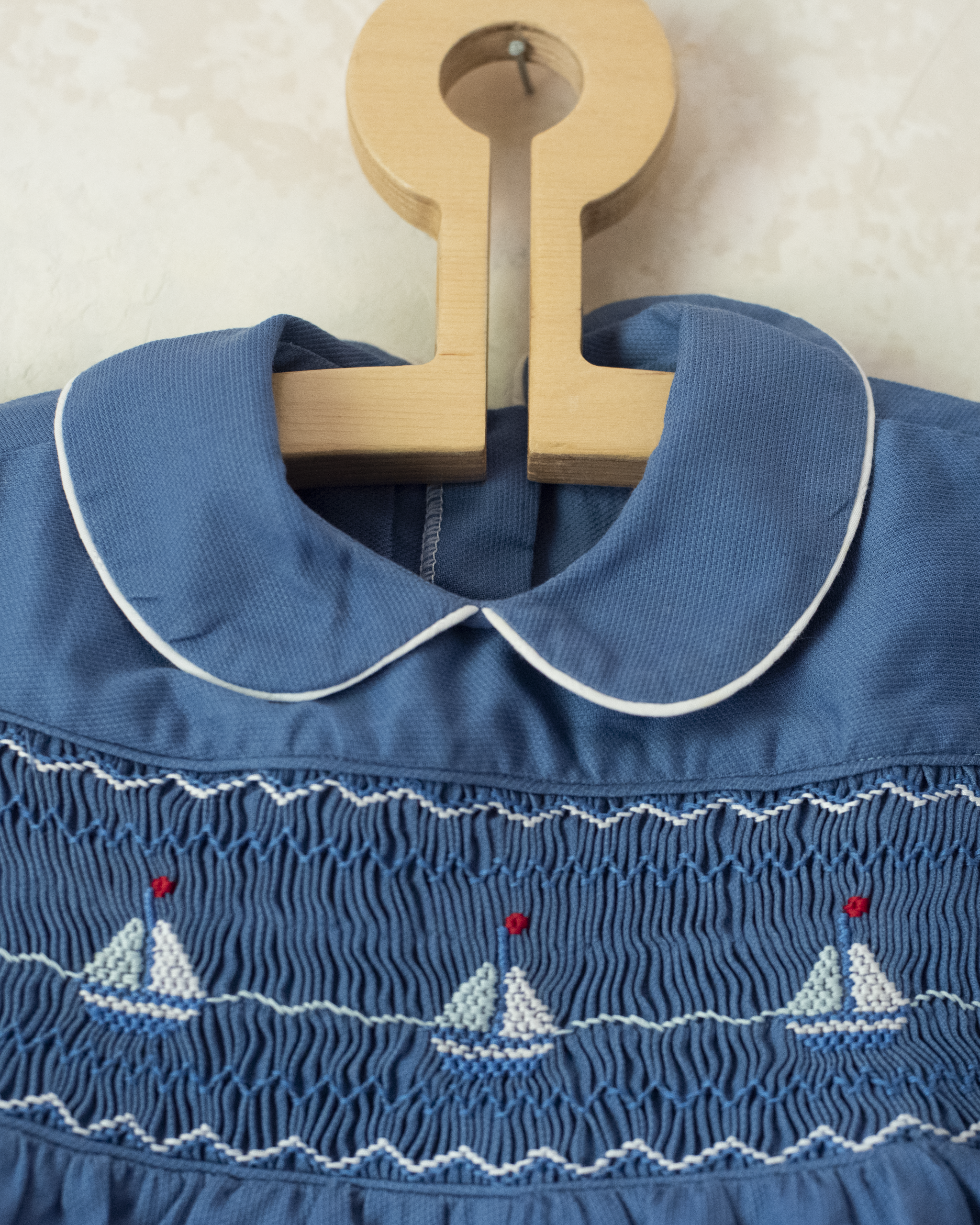 Blue embroidered sailboat romper | French deadstock | 9-12 months