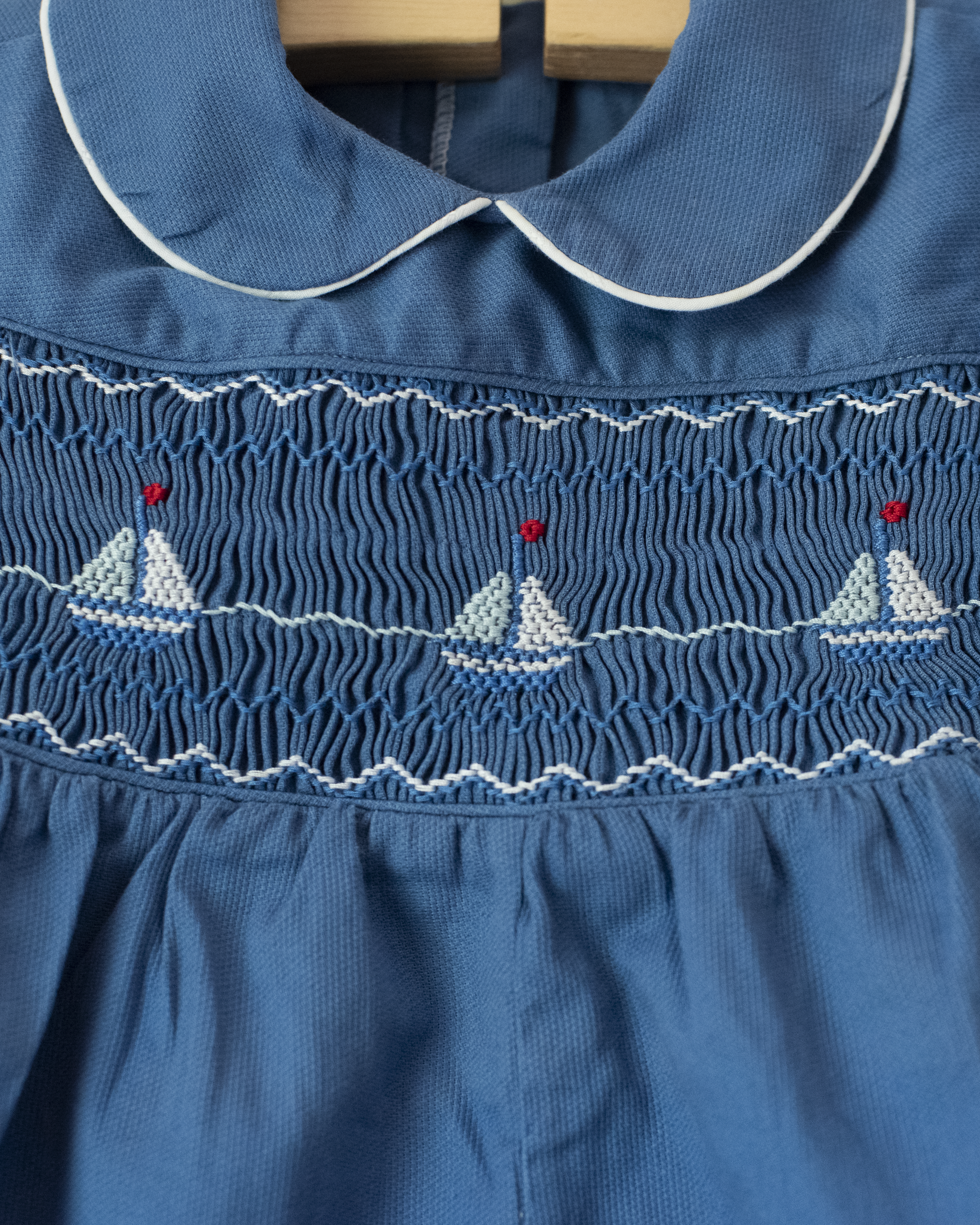 Blue embroidered sailboat romper | French deadstock | 9-12 months