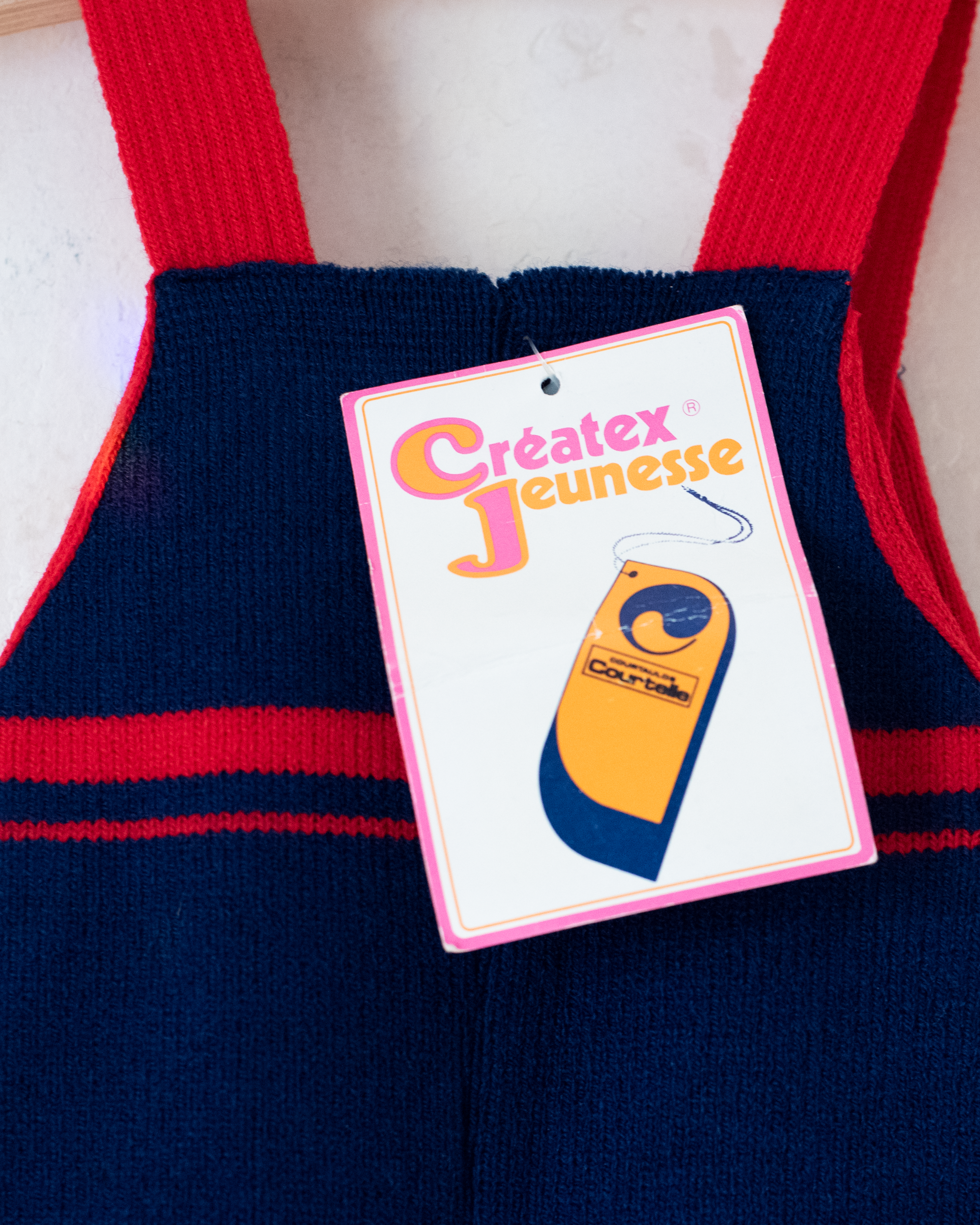 אוברול סרוג בכחול ואדום | דד סטוק צרפתי מהסבנטיז | 6-9 חודשים