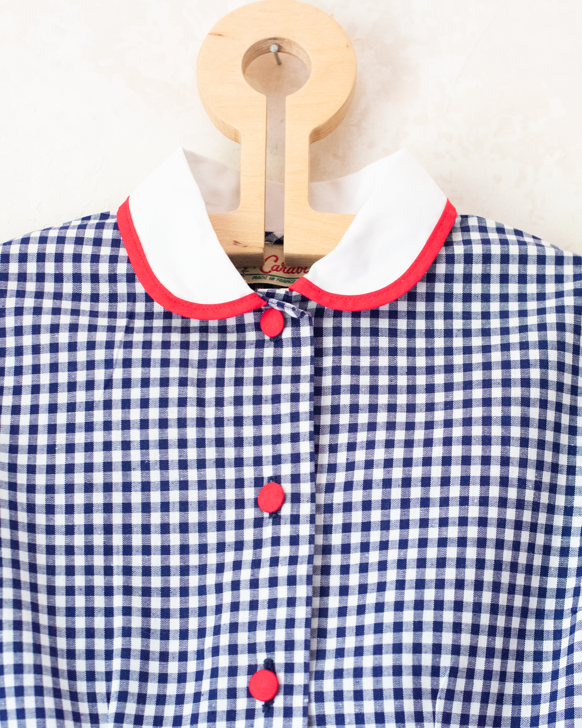 Blue dress with checks and red buttons | French deadstock from the 70s | 5-6 years