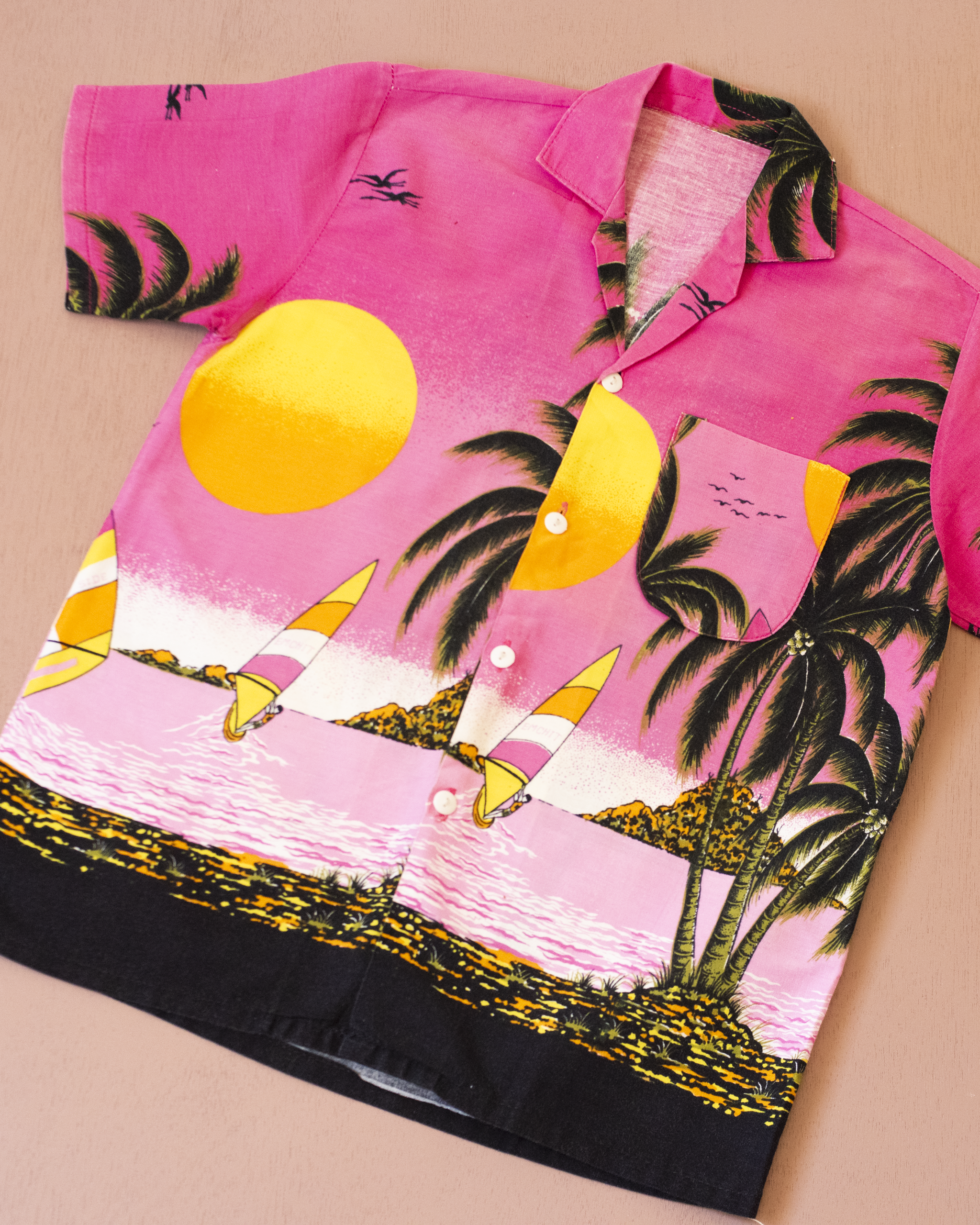 Hawaiian shirt with palm trees and sailboats | Ages 8-10